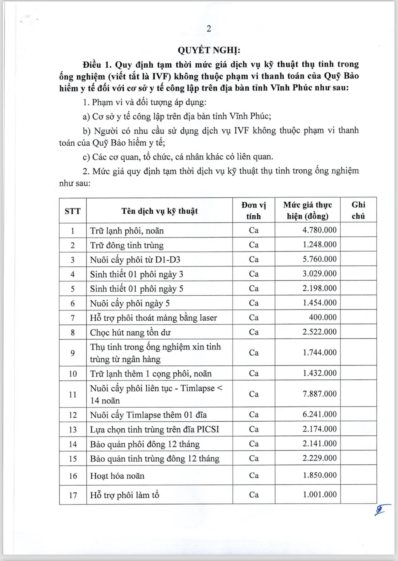 BẢNG GIÁ DỊCH VỤ KỸ THUẬT THỤ TINH TRONG ỐNG NGHIỆM (IVF) TẠI BỆNH VIỆN SẢN NHI TỈNH VĨNH PHÚC