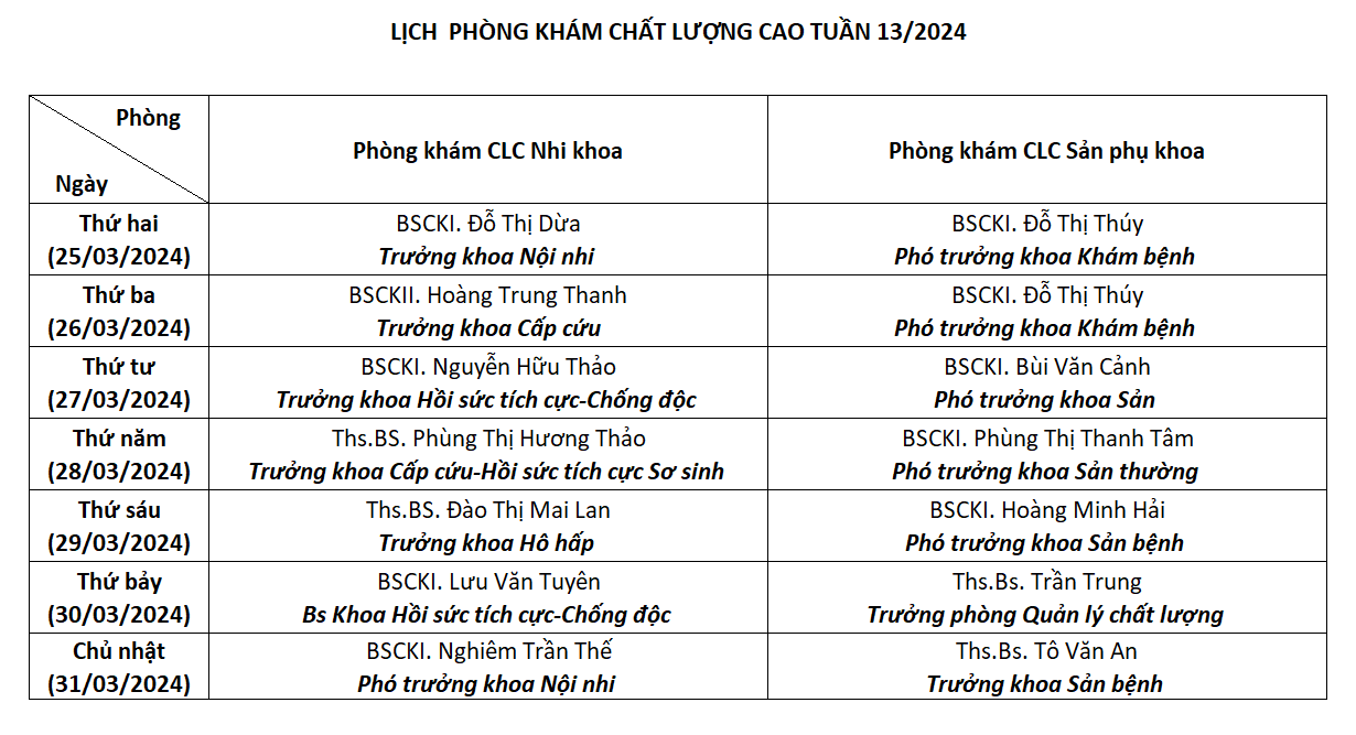 LỊCH PHÒNG KHÁM CHẤT LƯỢNG CAO TUẦN 13/2024