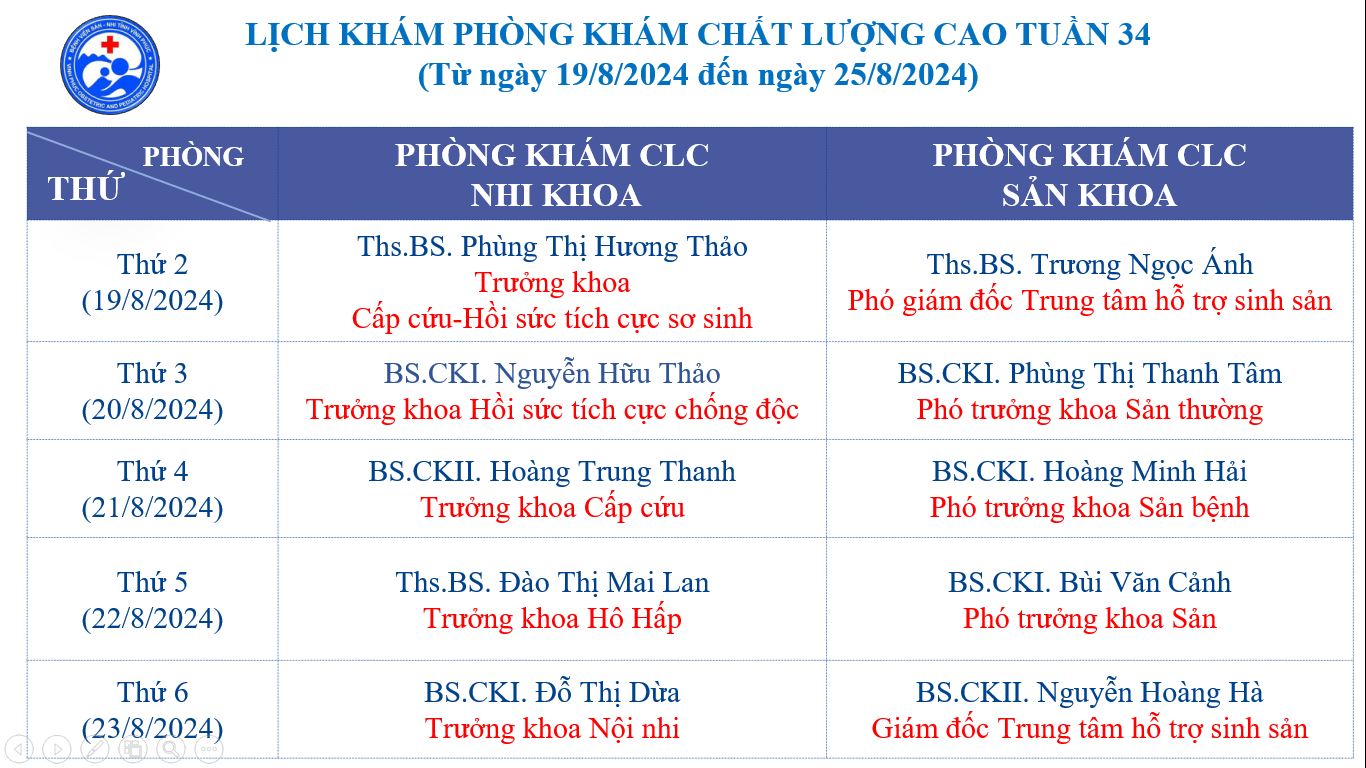 LỊCH PHÒNG KHÁM CHẤT LƯỢNG CAO