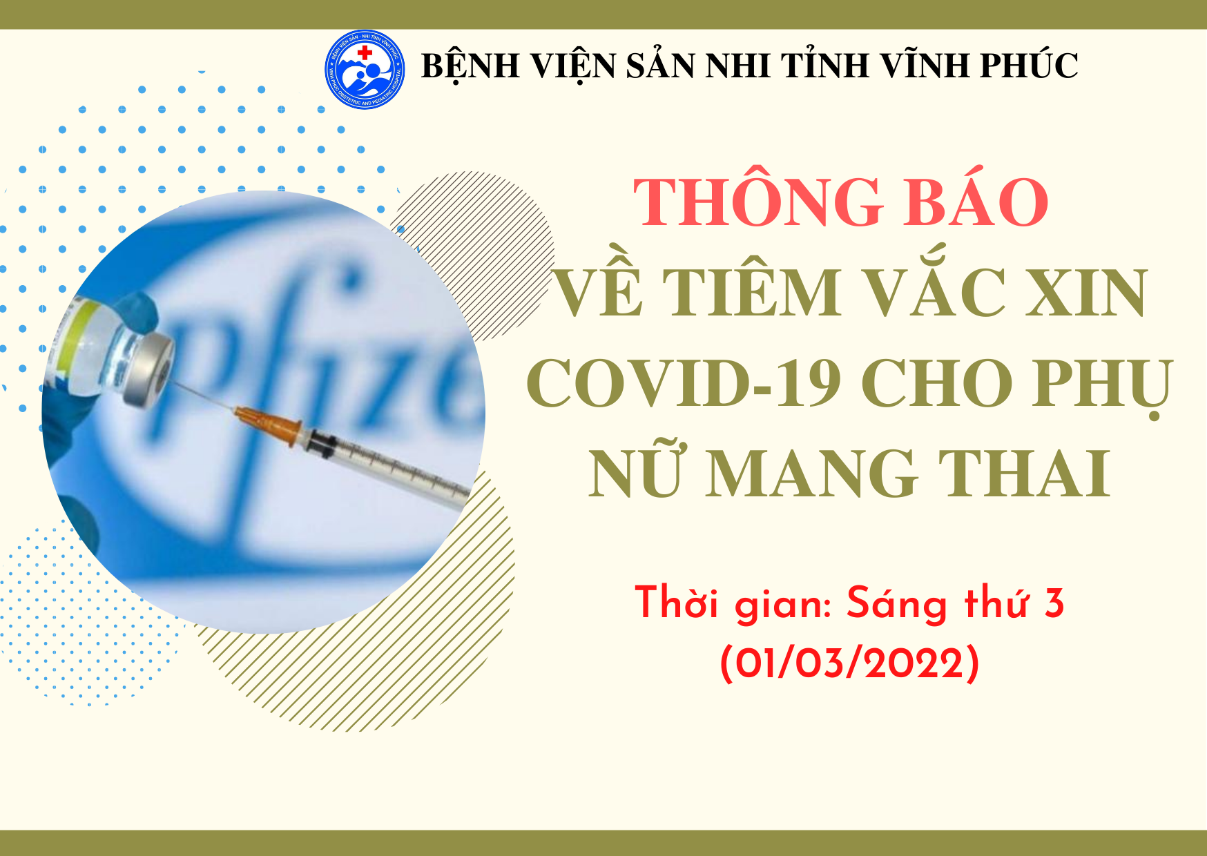 THÔNG BÁO TIÊM BỔ SUNG VẮC XIN COVID-19 CHO PHỤ NỮ MANG THAI (vào sáng ngày 01/03/2022)