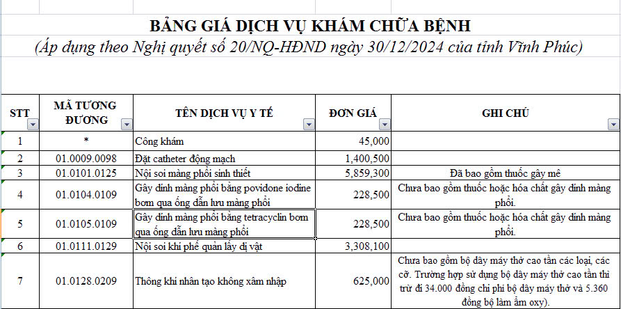 BẢNG GIÁ DỊCH VỤ KHÁM CHỮA BỆNH (Áp dụng theo Nghị quyết số 20/NQ-HĐND ngày 30/12/2024 của tỉnh Vĩnh Phúc) 