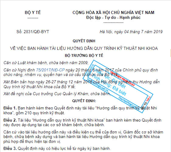 Quyết định 2831/QĐ-BYT ngày 04/7/2019 của Bộ trưởng Bộ Y tế tài liệu hướng dẫn quy trình kỹ thuật Nhi Khoa