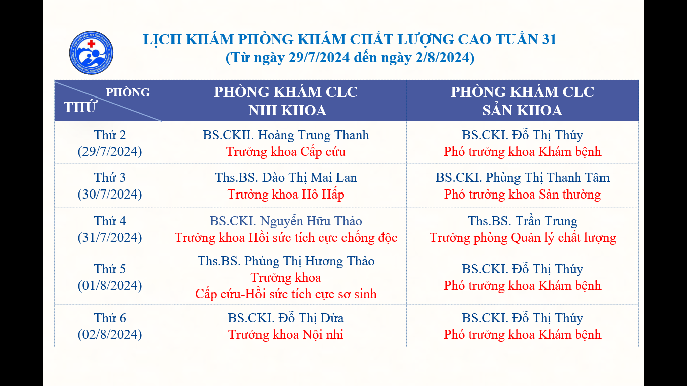 LỊCH PHÒNG KHÁM CHẤT LƯỢNG CAO