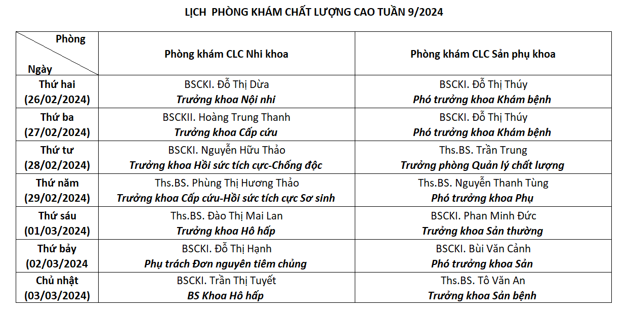 LỊCH PHÒNG KHÁM CHẤT LƯỢNG CAO TUẦN 9/2024