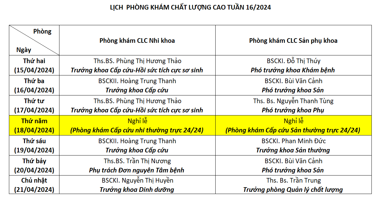 LỊCH PHÒNG KHÁM CHẤT LƯỢNG CAO TUẦN 16/2024