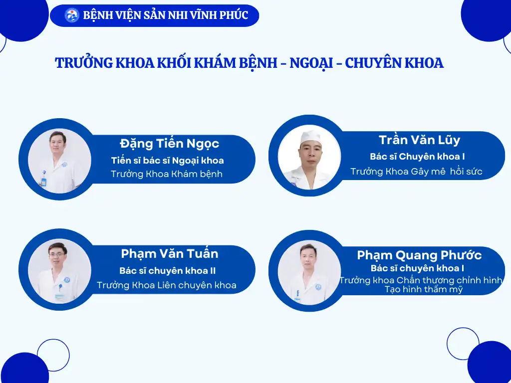 Ban Lãnh đạo - Bệnh viện Sản Nhi Vĩnh Phúc 2025 6 Trưởng khoa Khối Khám Bệnh - Ngoại - Chuyên khoa Bệnh viện Sản Nhi Vĩnh Phúc