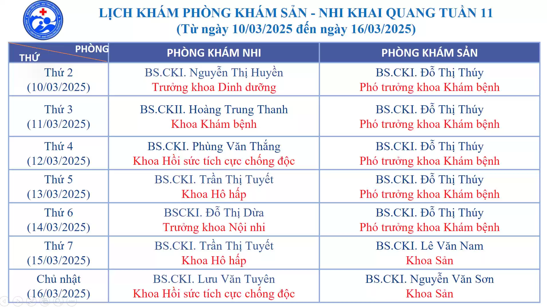 Lich phong kham San Nhi Khai Quang tuan 11