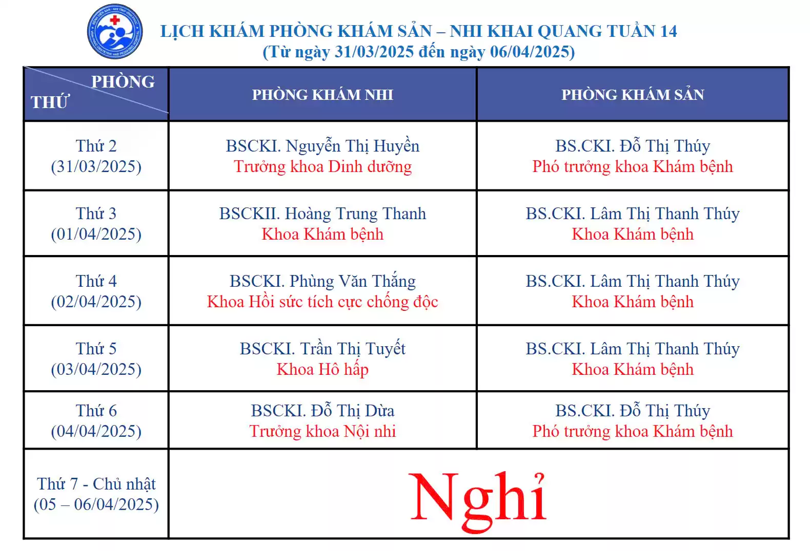 Lich phong kham San Nhi Khai Quang tuan 14 2025