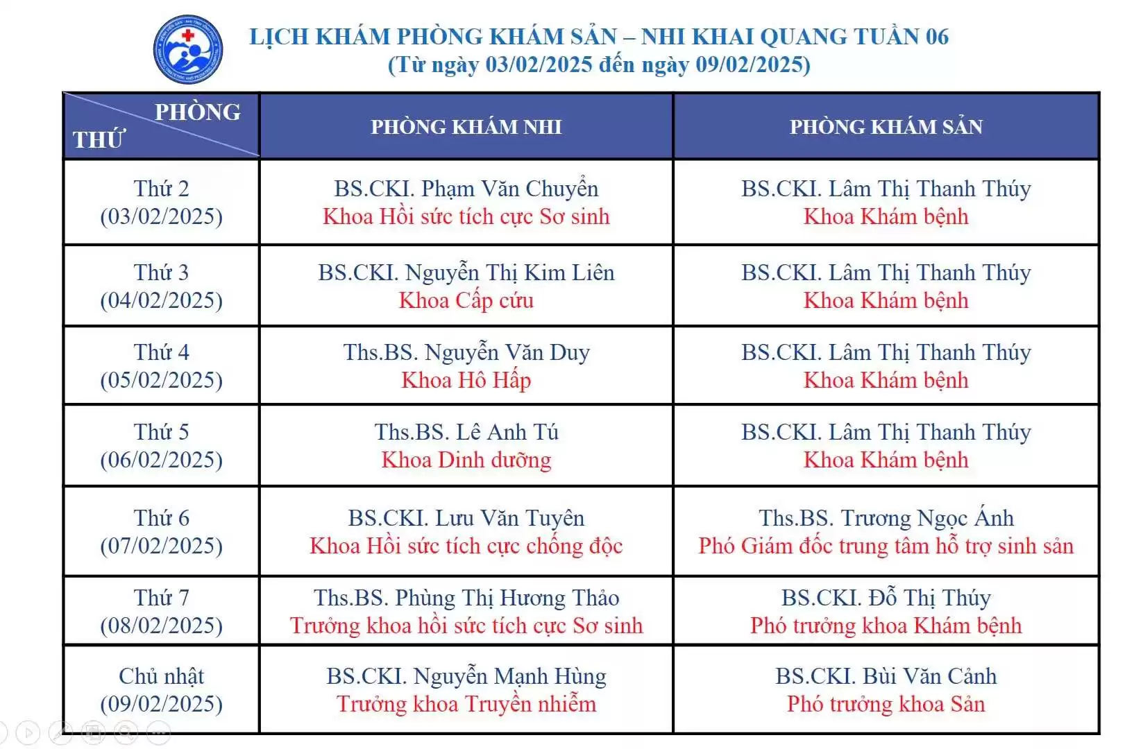 Lịch khám phòng khám sản-nhi cơ sở khai quang tuần 06.năm 2025 1 Lich phong kham khai quang tuan 6 nam 2025