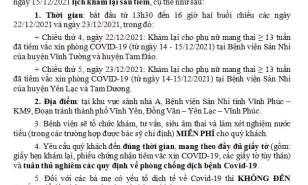Bệnh viện sản nhi tỉnh vĩnh phúc trân trọng thông báo tới các bà mẹ đang mang thai đã tiêm vắc xin phòng covid-19 tại bệnh viện từ ngày 14/12/2021 đến ngày 15/12/2021 lịch khám lại sau tiêm