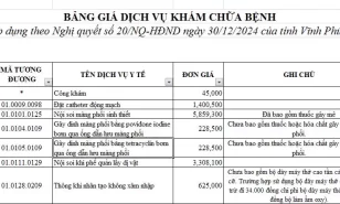 BẢNG GIÁ DỊCH VỤ KHÁM CHỮA BỆNH (Áp dụng theo Nghị quyết số 20/NQ-HĐND ngày 30/12/2024 của tỉnh Vĩnh Phúc)