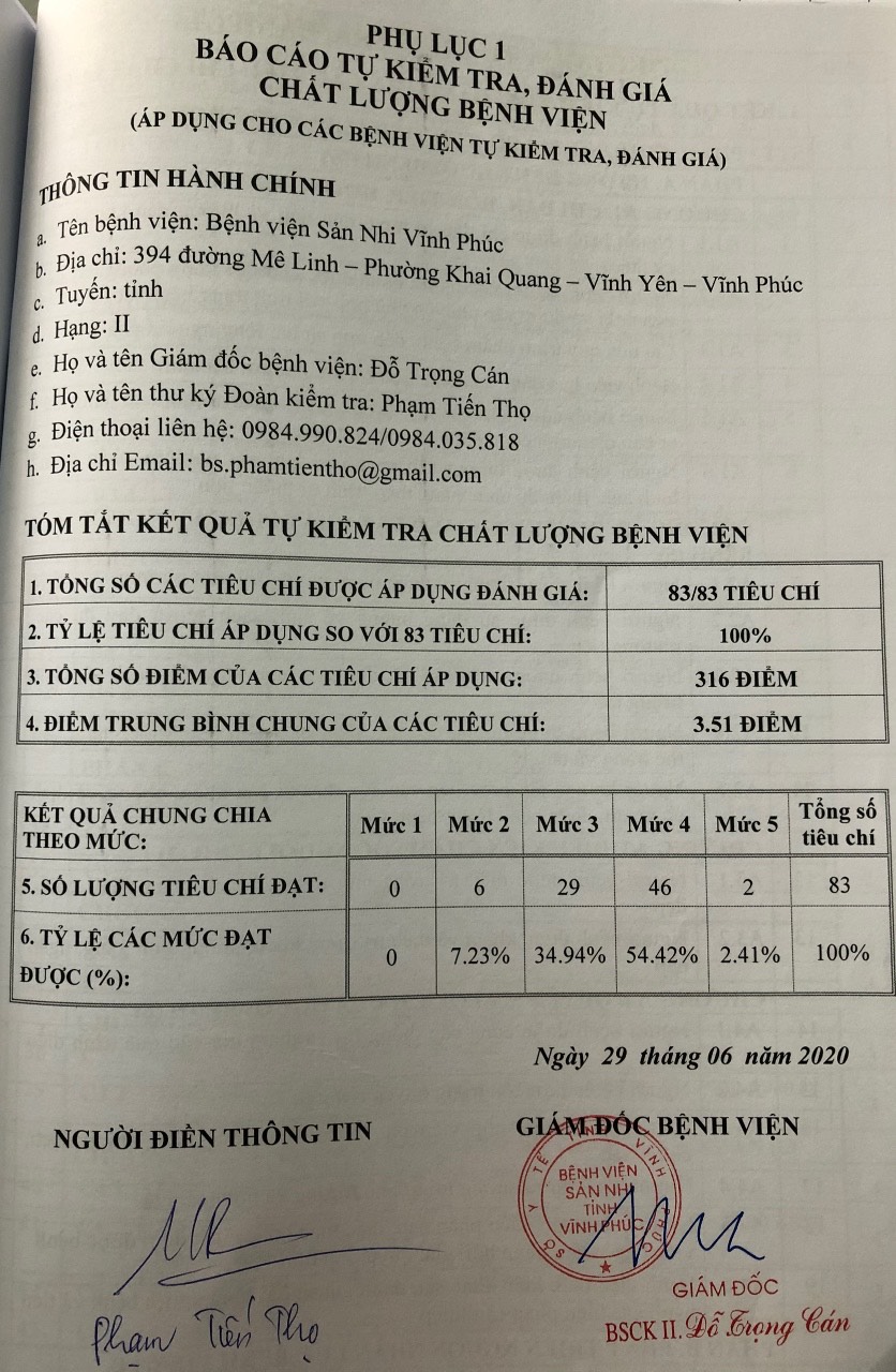 TỰ ĐÁNH GIÁ CHẤT LƯỢNG BỆNH VIỆN 6 THÁNG NĂM 2020